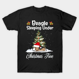 Beagle Sleeping Under Christmas Tree Funny Xmas Dog Lover T-Shirt